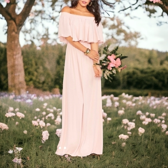 Show Me Your Mumu "Hacienda" off shoulder Maternity blush pink gown. Sz XS - Picture 5 of 5